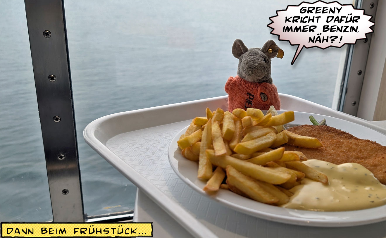 Teller mit Schnitzel und Pommes Frites und Pieps die Maus