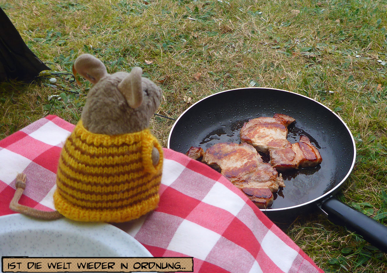 Pieps schaut auf eine Bratpfanne mit zwei Koteletts