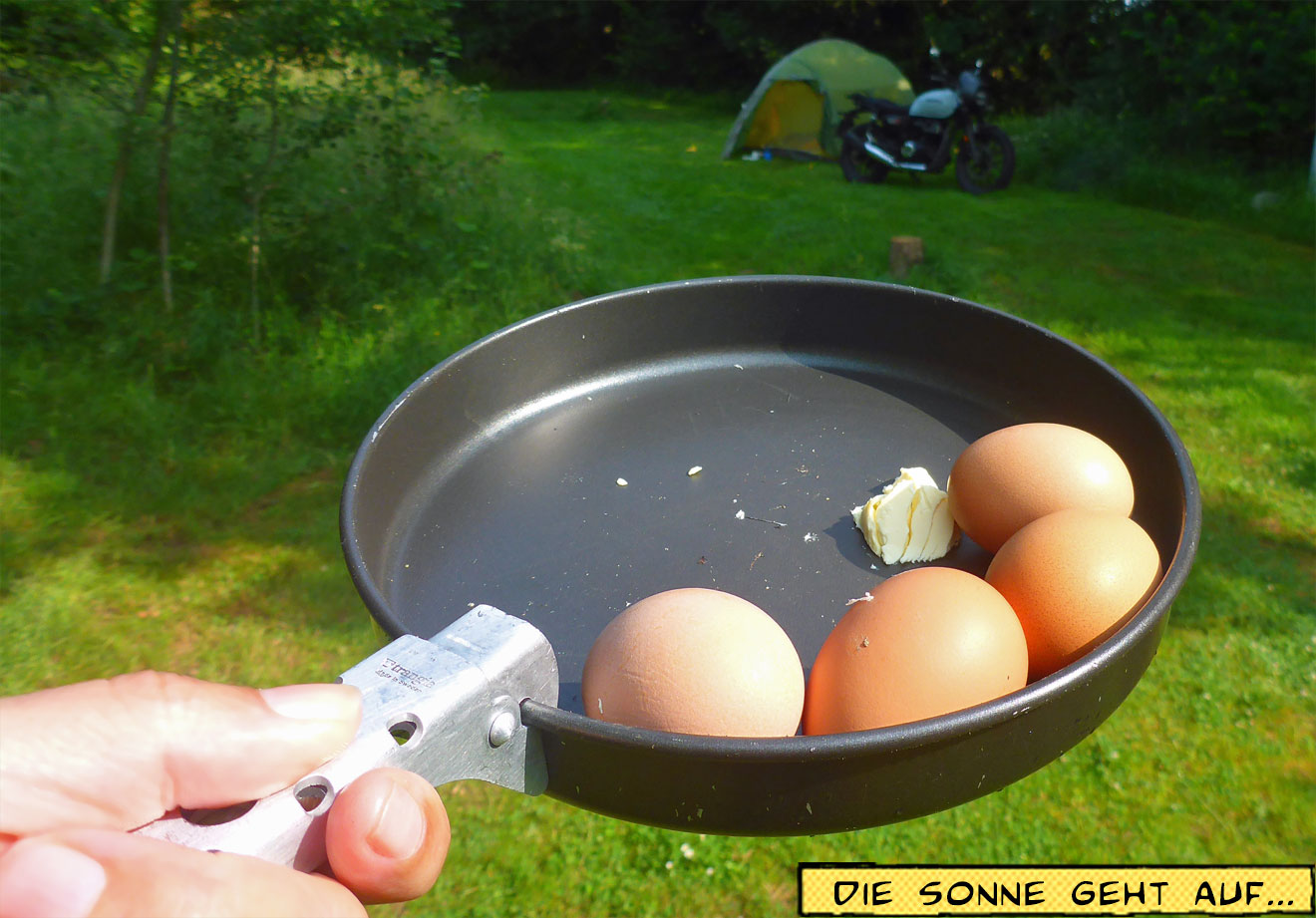 Hühnereier mit Schale in der Pfanne