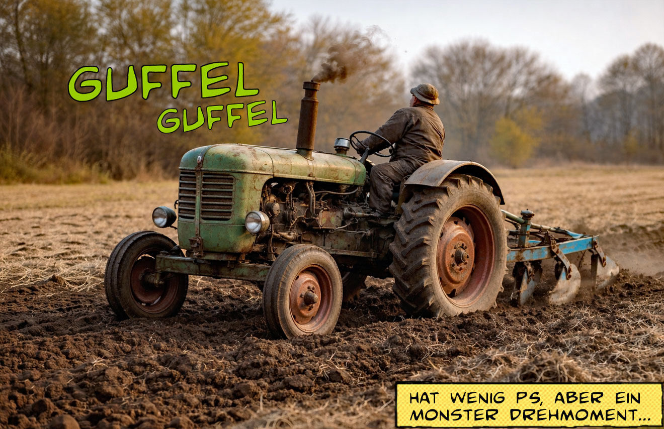 Alter Traktor zieht einen Pflug